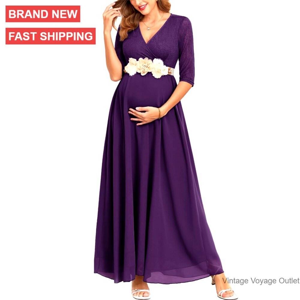 Maternity Dress 3/4 Sleeve Lace Chiffon Wrap V-Neck A-Line Flowy Maxi